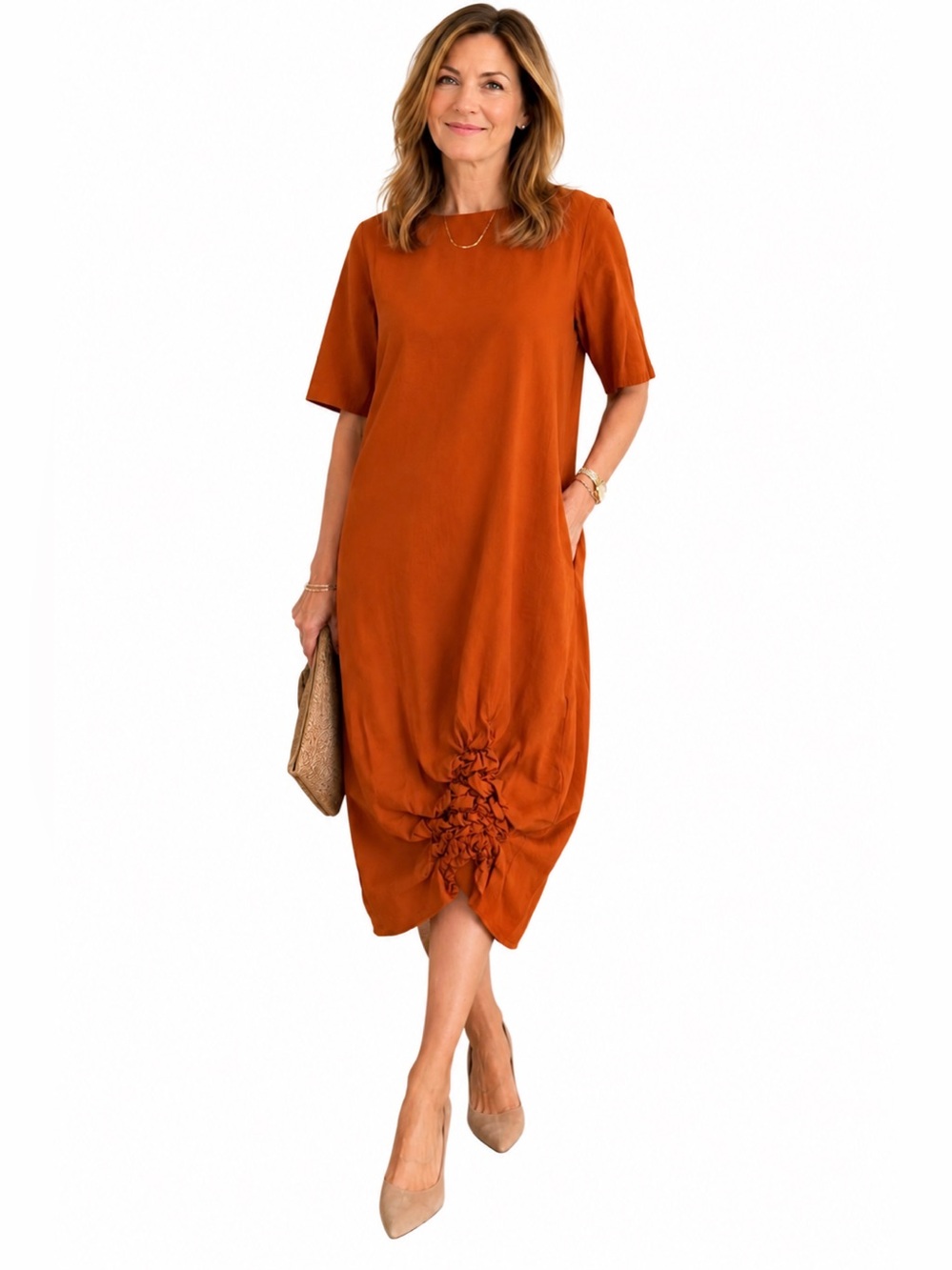 COS Rust Orange Ruched Midi Dress Size 4